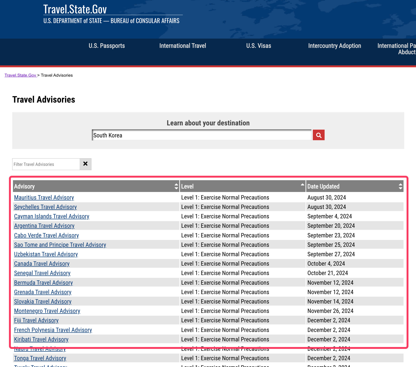 Travel Advisories page