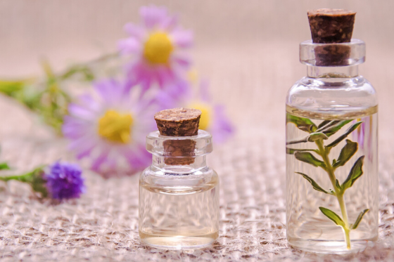 Photo of two clear, corked bottles, one with a stem with leaves inside. Cut flowers are out of focus in the background.