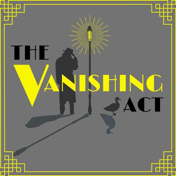 A grey and yellow take on old British show posters. Silhouettes of a man, a lamp pole and a duck.