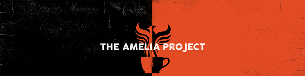 The Amelia Project logo, Red and Black divided on coffee cup with a bird rising
