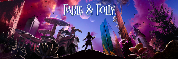 Text reading "Cheers to the new year from Fable and Folly" on a blue background with white fireworks and gold confetti