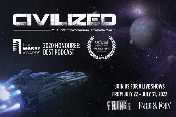 A purple planet and her moons with a spaceship, drives blazing announcing the Civilized Live Show