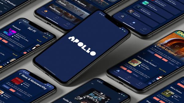 Cell phones lined up with various images of the Apollo app displayed