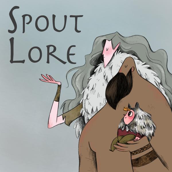 Three characters, an elf, a man and a tiny child, with the words "Spout Lore" in the top left corner