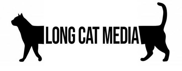 A black cat split with with the words "Long Cat Media" between
