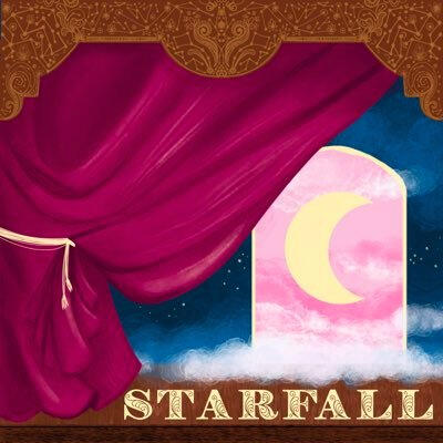 A red curtain is pulled back on a stage with an image of a door with a moon in it
