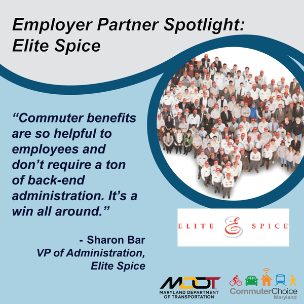 image of elite spice employees with a quote from sharon bar. swooping graphics and mdot, ccm, and elite spice logos included.