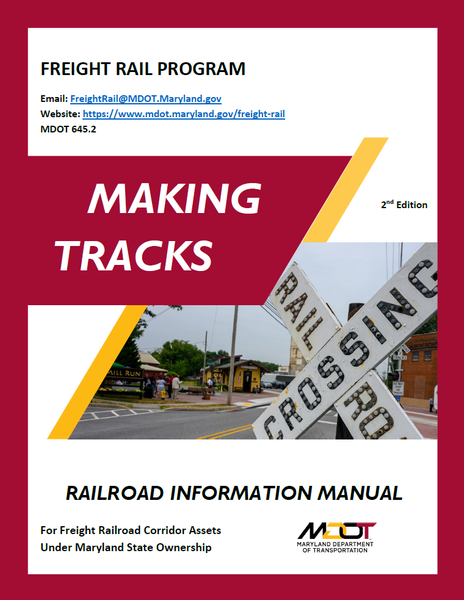 freight rail plan cover with title making tracks and image of rail crossing. red boarder and mdot logo.