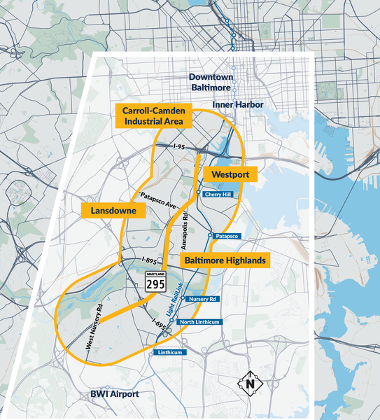 map of 295 corridor. Provides information overview about the MD 295 corridor pilot and benefits of participating. includes ccm and mdot logos.