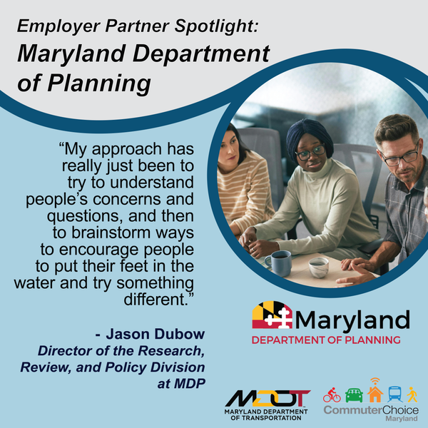 image of employees at a conference table with a qoute from jason dubow. mdot, ccm, and mdp planning logos included with swoop design.