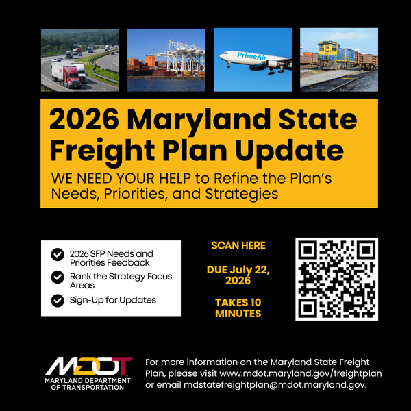 freight plan graphic with qr code to complete survey. images of trucks, trains, and planes. mdot logo included.