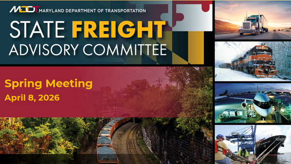graphic of state freight advisory committee spring meeting with images of trains, trucks, planes, and boats.
