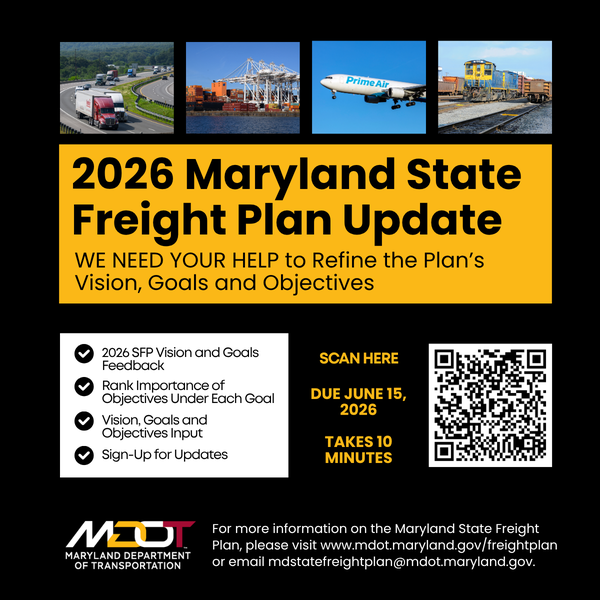 freight plan graphic with qr code to complete survey. images of trucks, trains, and planes. mdot logo included.