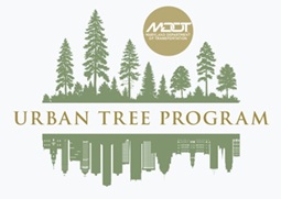 urban tree program graphic with green trees and city scape with mdot logo