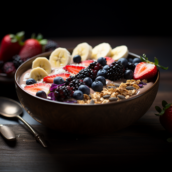 A colorful bowl of fresh fruit, granola and seeds