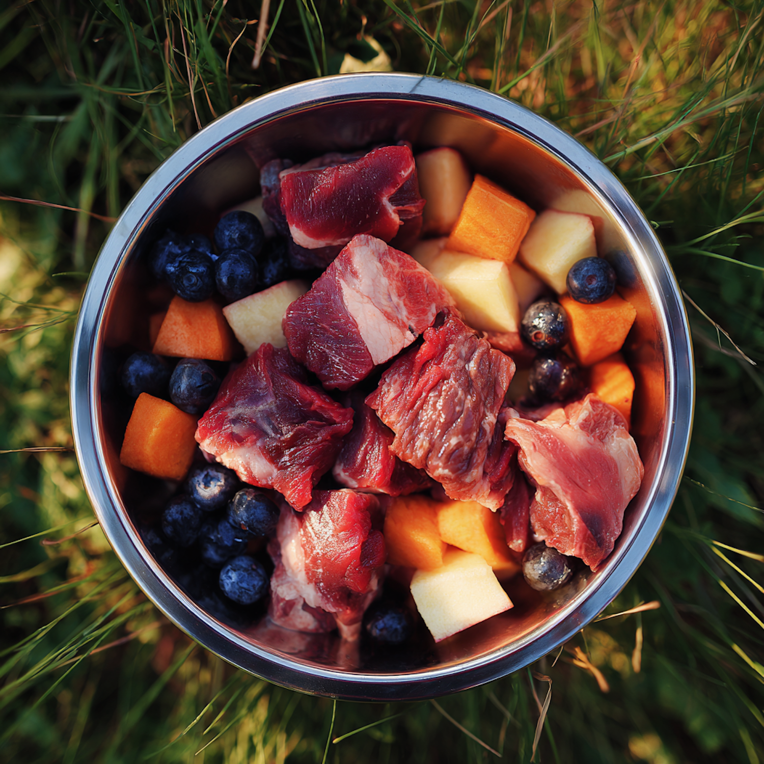 A fresh, colorful bowl of whole foods including fruit and lean protein