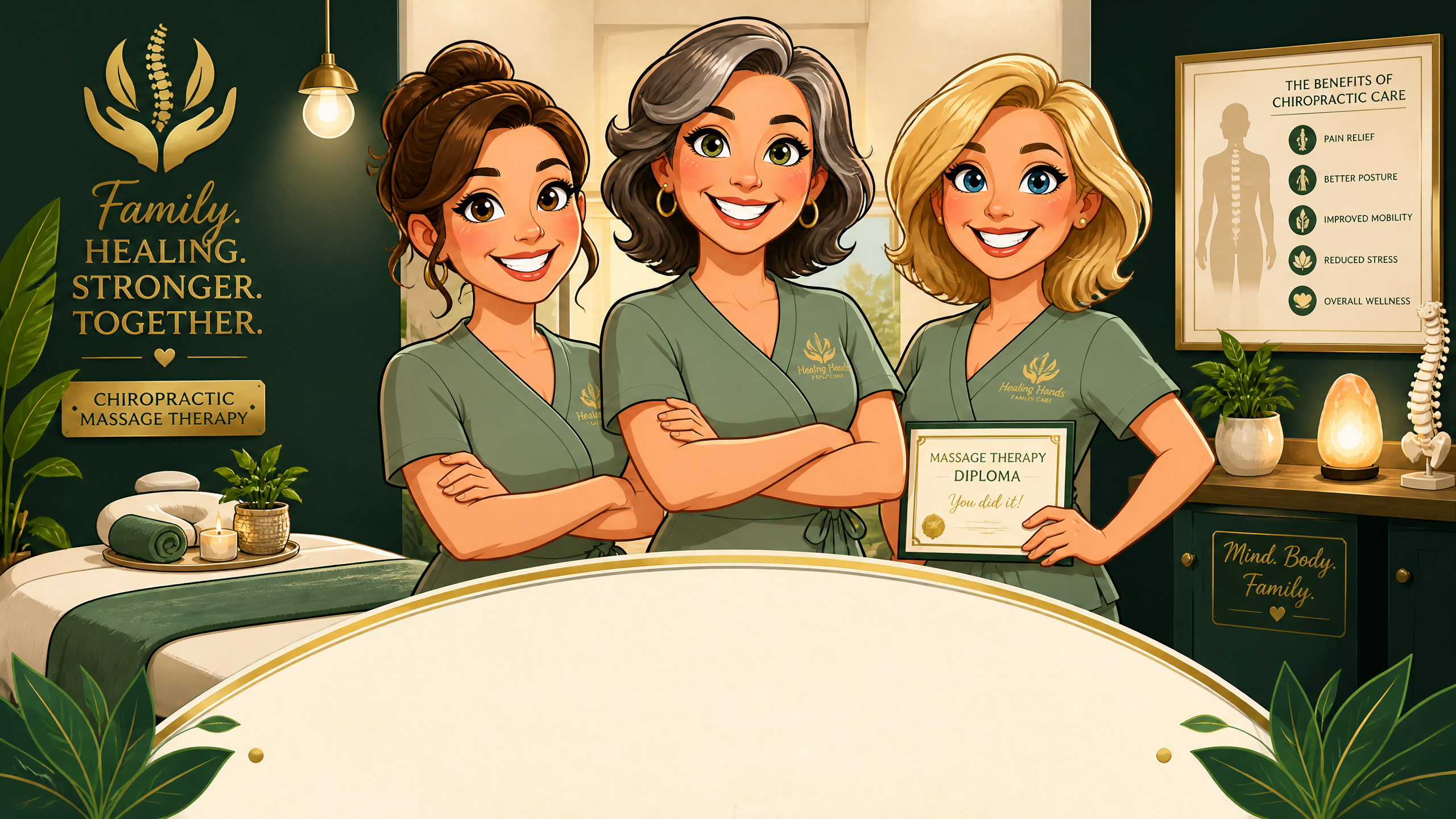 Cartoon illustration of Rhonda, Emilee and Amanda — the three massage therapists at Middletown Spine and Injury - Sheely Chiropractic
