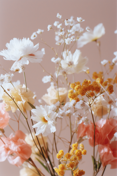 Soft pastel bouquet of roses, cosmos and baby's breath