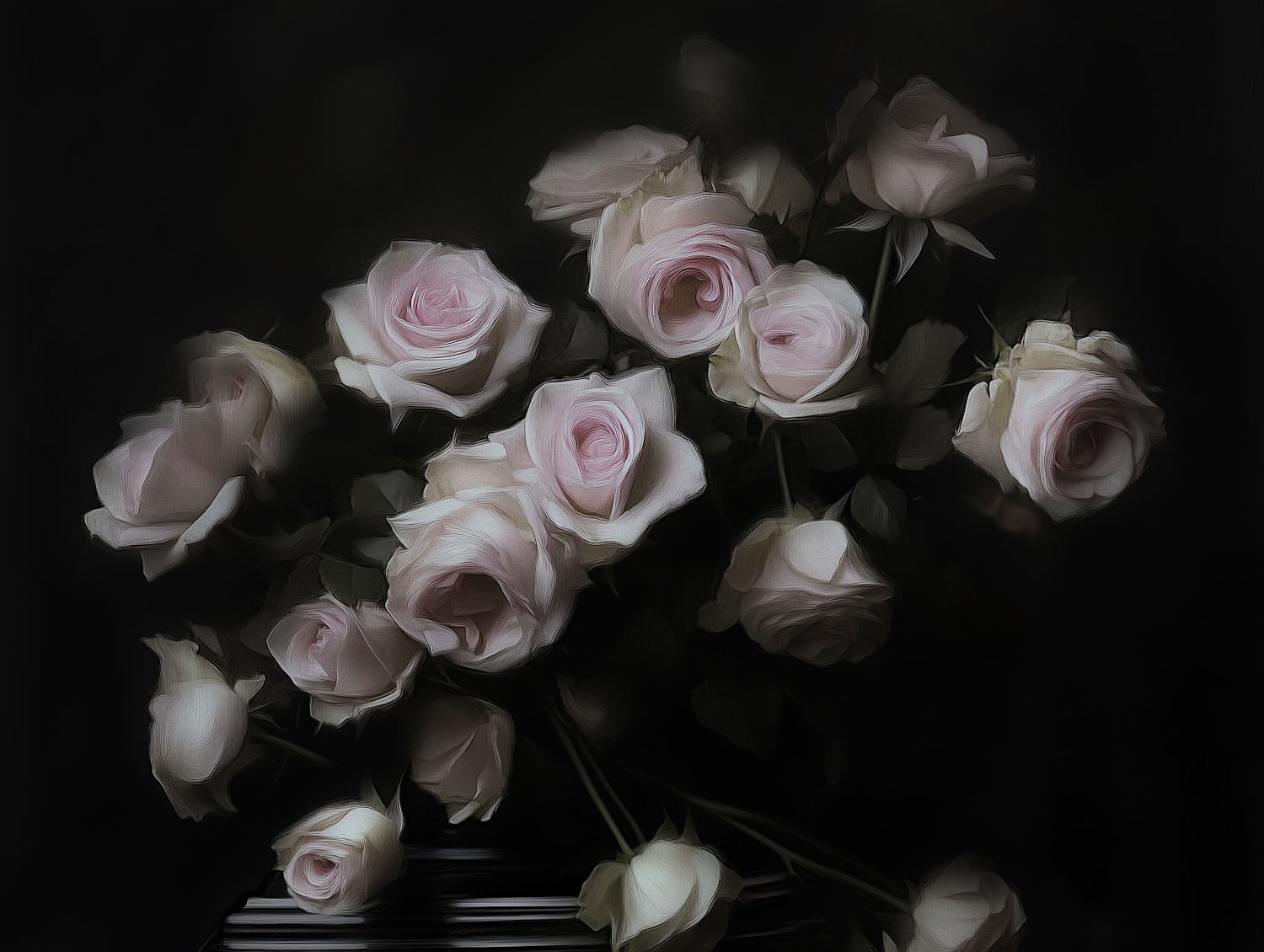 Pale pink roses in full bloom against a dark moody background