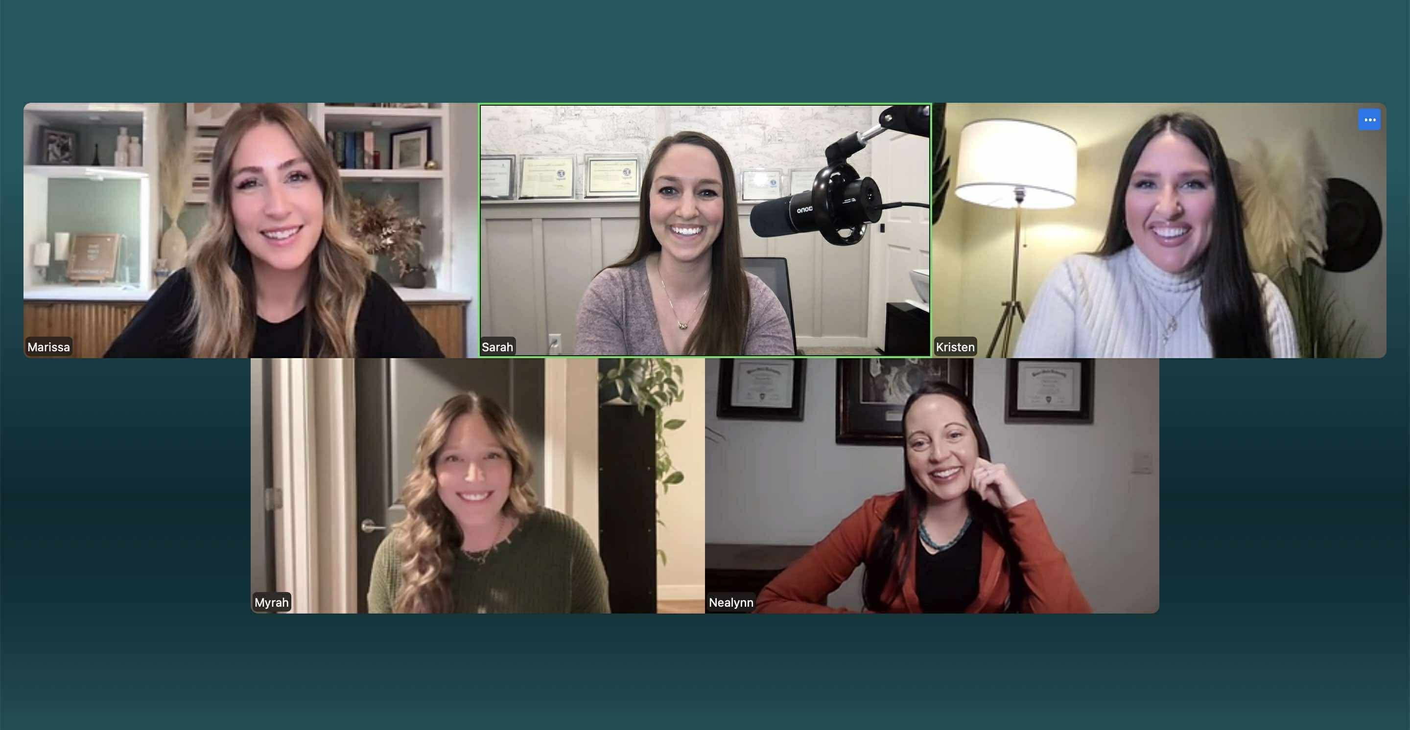 A video call grid of five women smiling from their home offices