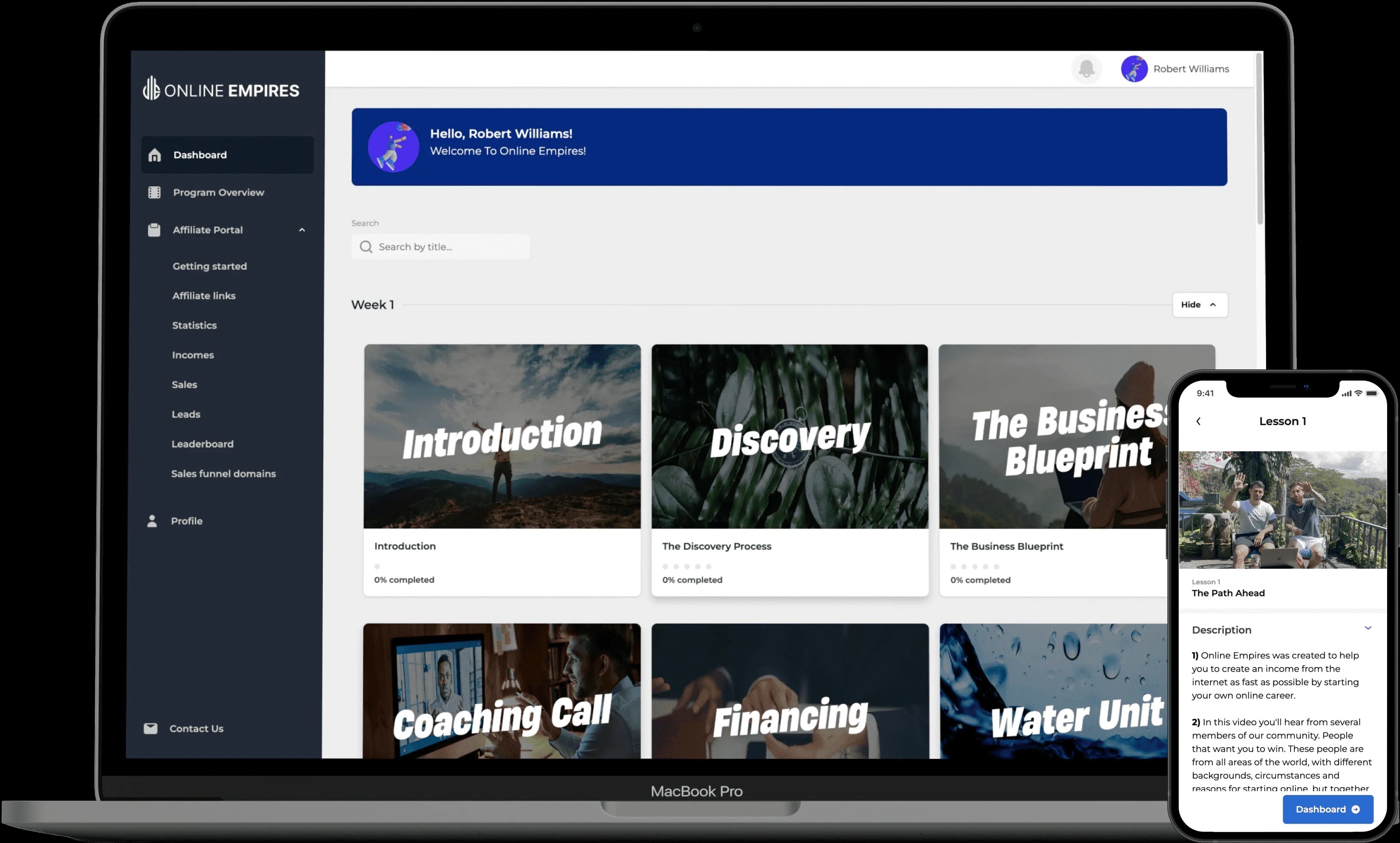 An online business training dashboard shown on a laptop and phone