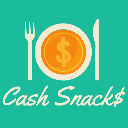 Money sitting on a plate with fork and knife representing Cash Snacks logo