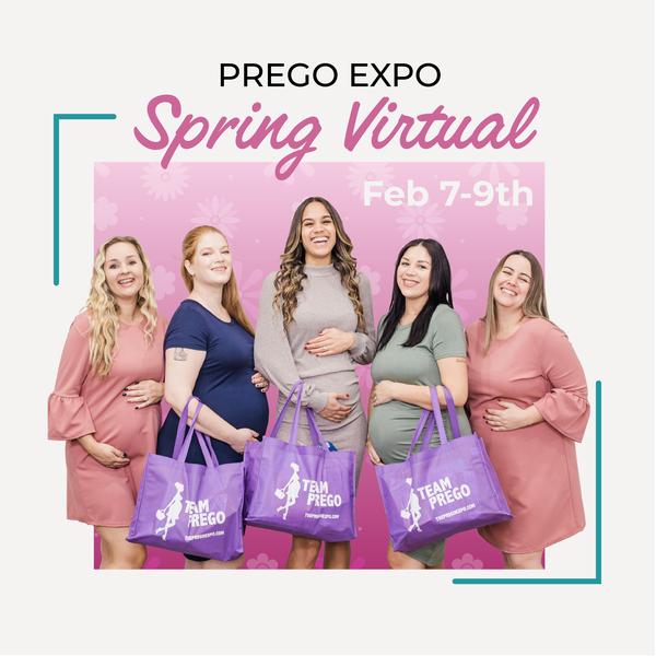 Prego Expo Spring Virtual event: image of 5 pregnant and smiling women attending the Expo on Feb 7-9th, 2024