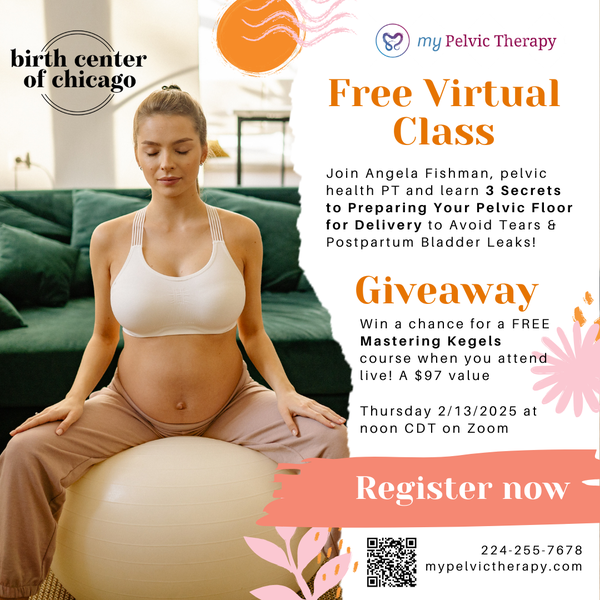 Pregnant woman exercising on ball, with Free Virtual Workshop 2/13/2025