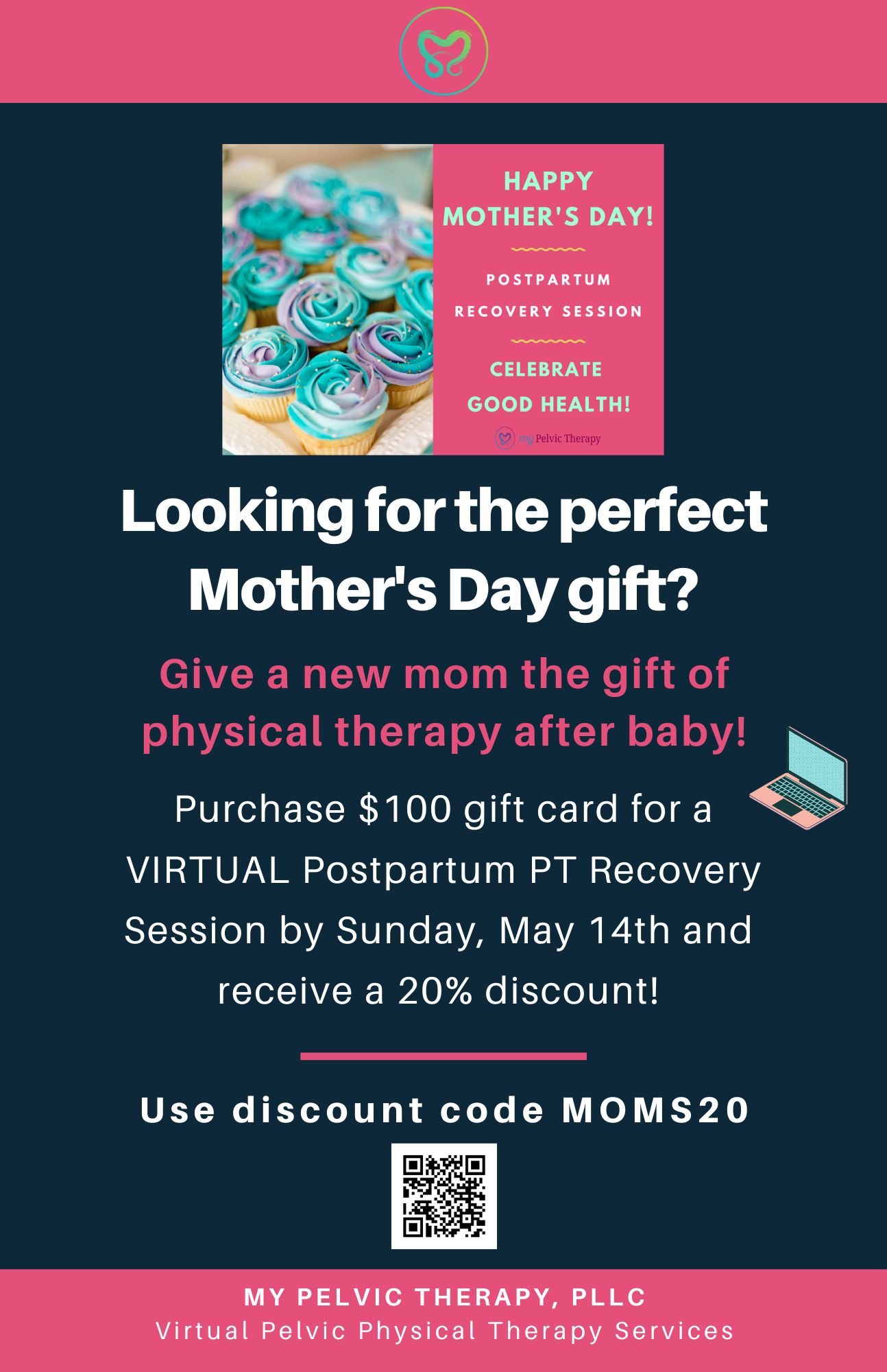 Looking for the perfect Mother's Day gift? Give a new mom the gift of physical therapy after baby! Purchase $100 gift card for a VIRTUAL postpartum PT
Recovery Session by Sunday, May 14th and receive a 20% discount! Use code MOMS20