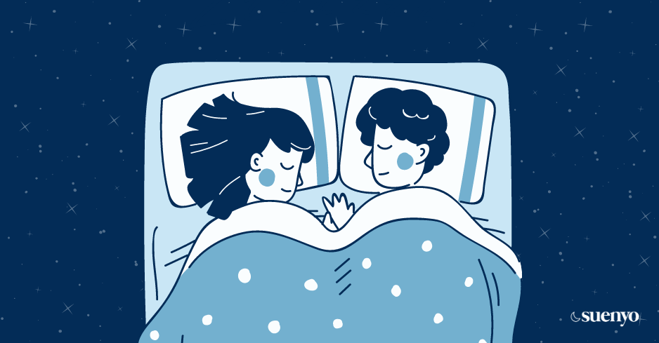 Illustrated Couple sleeping under a blanket with blue backgroun