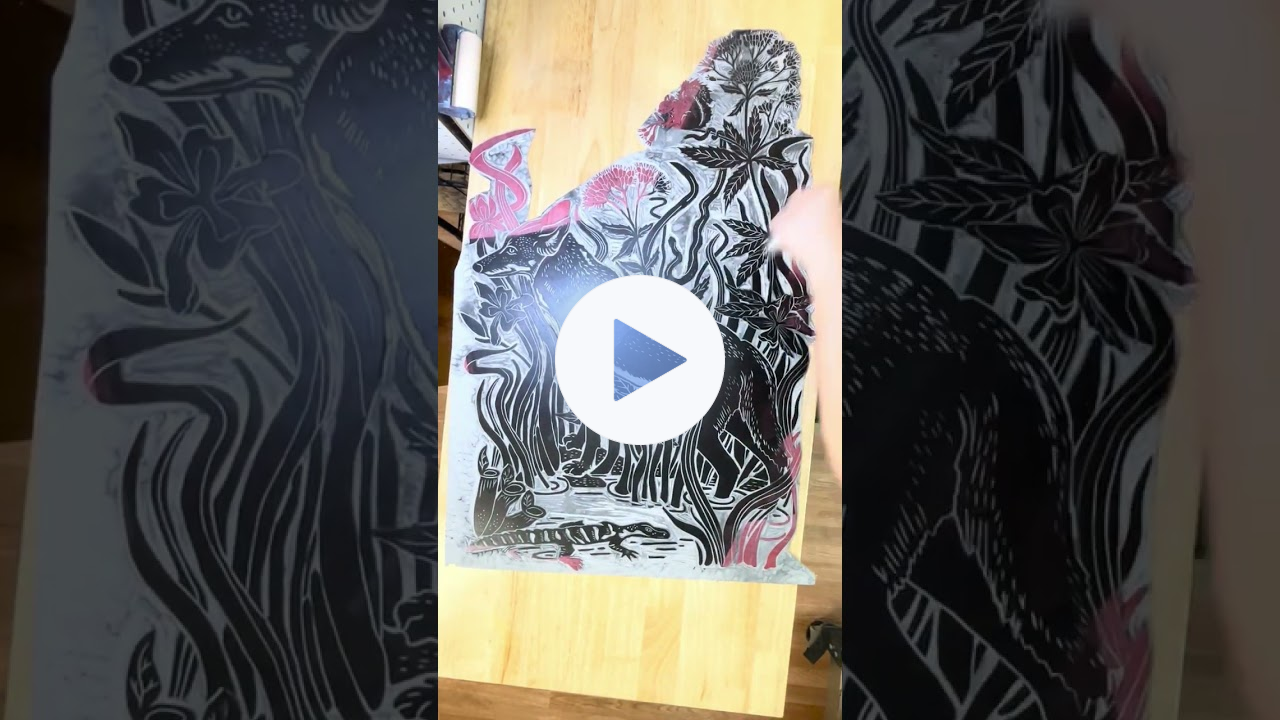 Giant Linocut- Red Wolf Print