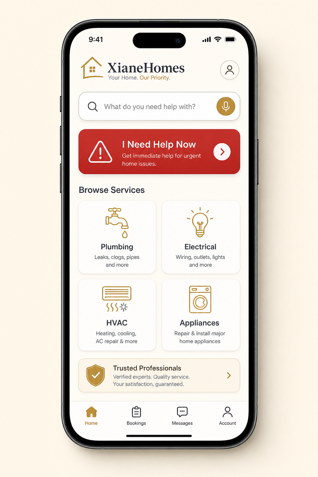 XianeHomes app mockup showing a home dashboard with a search bar, an I Need Help Now button, and repair categories