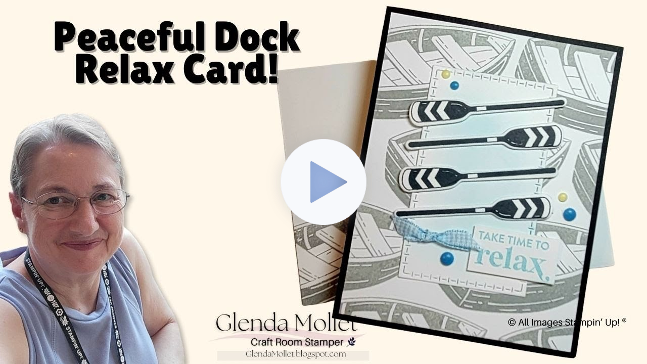 Video replay of a Stampin’ Up! live demonstration featuring a Peaceful Dock card and a bonus birthday card created using Pride flag colours. The video shows Glenda Mollet designing the cards in real time and demonstrating how the Stampin’ Positioner Tool helps with image alignment and creative flexibility.