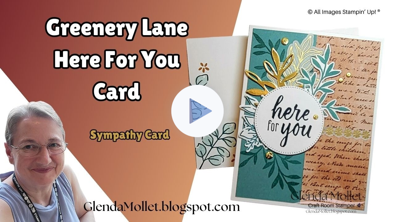 Thumbnail image of a handmade Greenery Lane birthday card featuring layered green botanical elements, patterned designer paper, and a coordinating sentiment, promoting a card making tutorial replay by Glenda Mollet on YouTube.