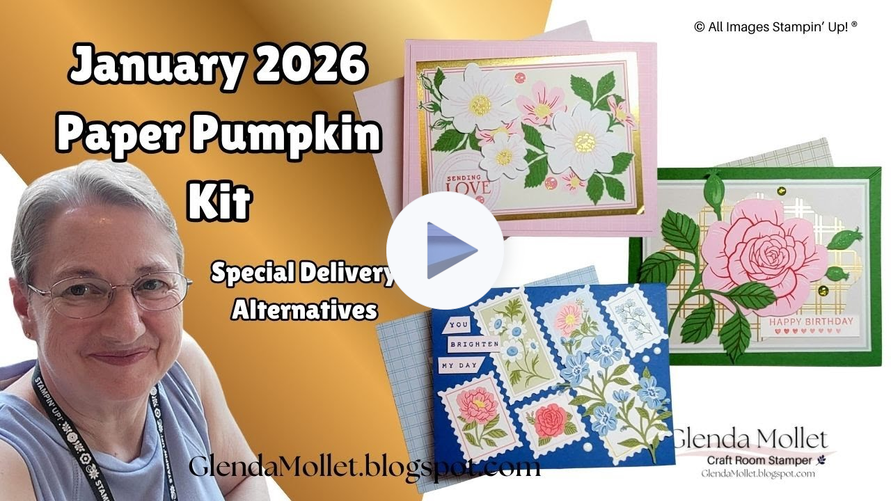 Video thumbnail showing three handmade Stampin’ Up! greeting cards created with the January Paper Pumpkin kit Special Delivery, featuring floral designs, layered elements, and alternative cardmaking ideas shared during a stamping demonstration.