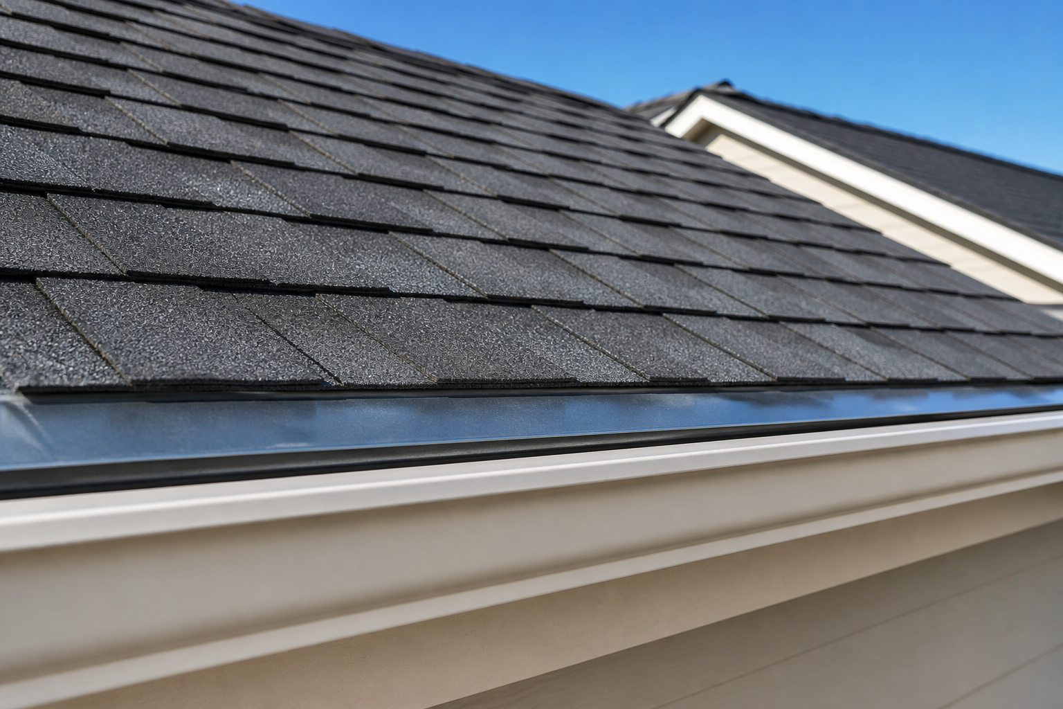 Close-up of new charcoal asphalt shingles, metal flashing and a clean gutter edge.