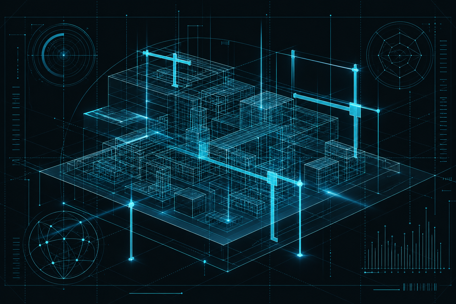 Abstract visualization of QSLS patent-pending technology quantitatively measuring a complex system architecture.
