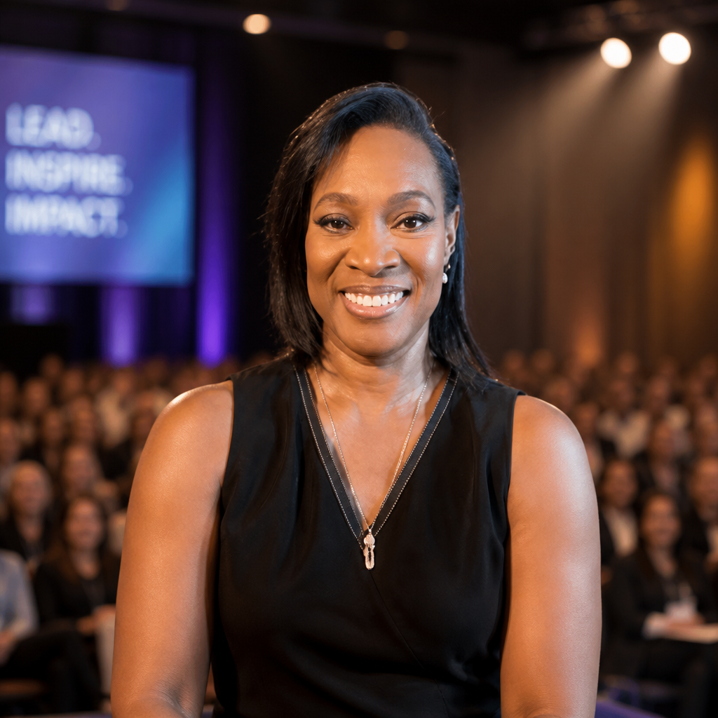Portrait of Tris speaking on stage with an audience behind her