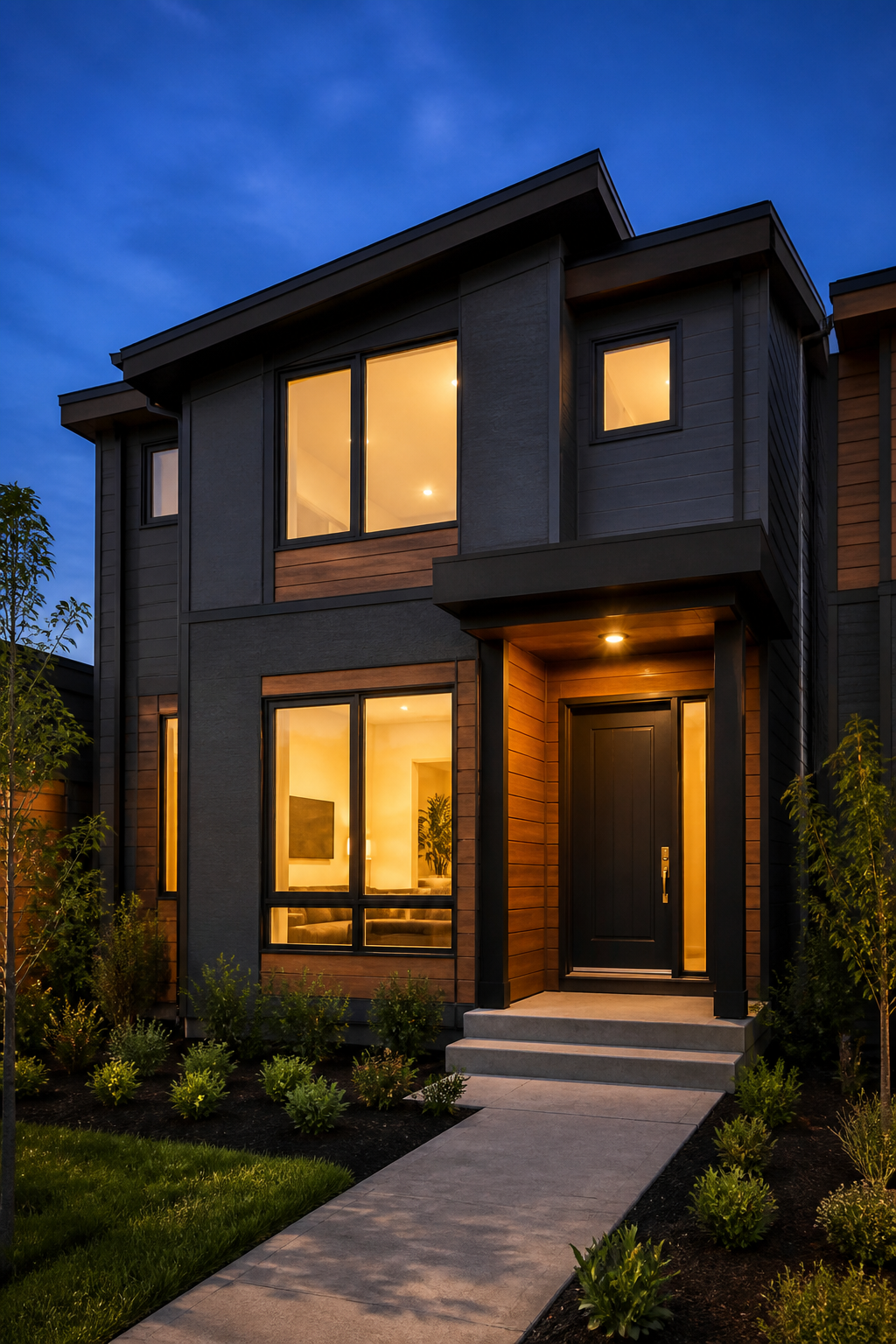A newly completed modern affordable townhome glowing at dusk