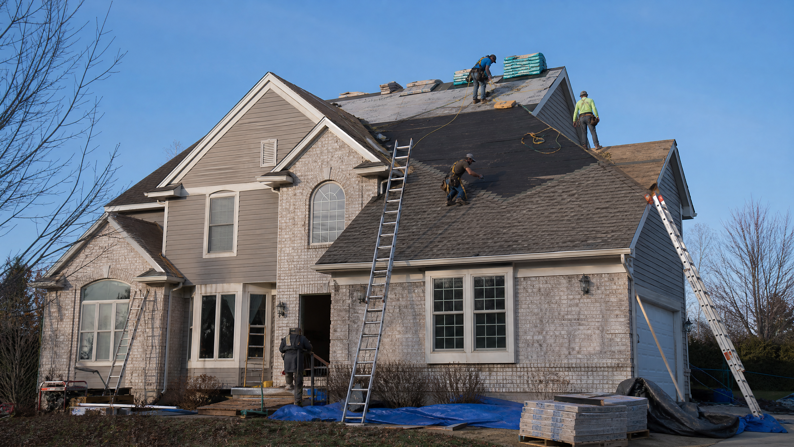 A roofing crew installing shingles on a two-story Michigan home on a clear day.
