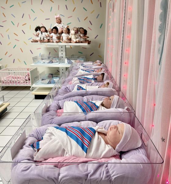 The DreamShyre nursery: a row of lifelike newborn dolls swaddled in lavender bassinets, with more dolls on the shelves behind