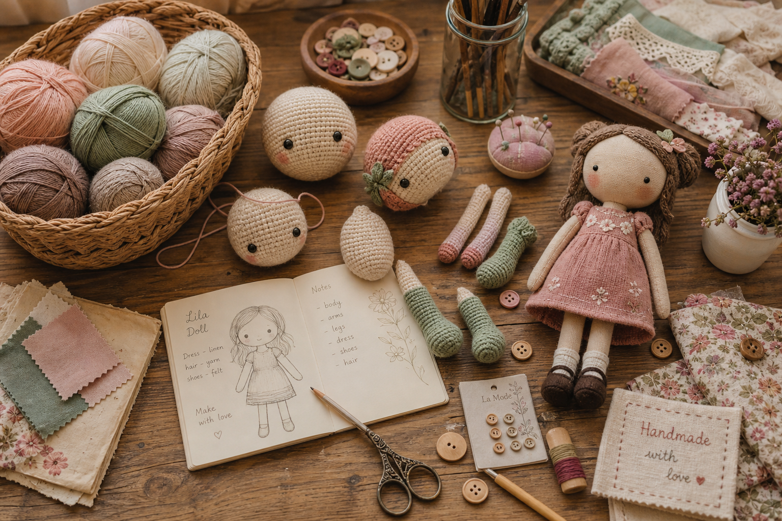A doll maker's workshop table with yarn, fabric, tools and a handmade doll in progress