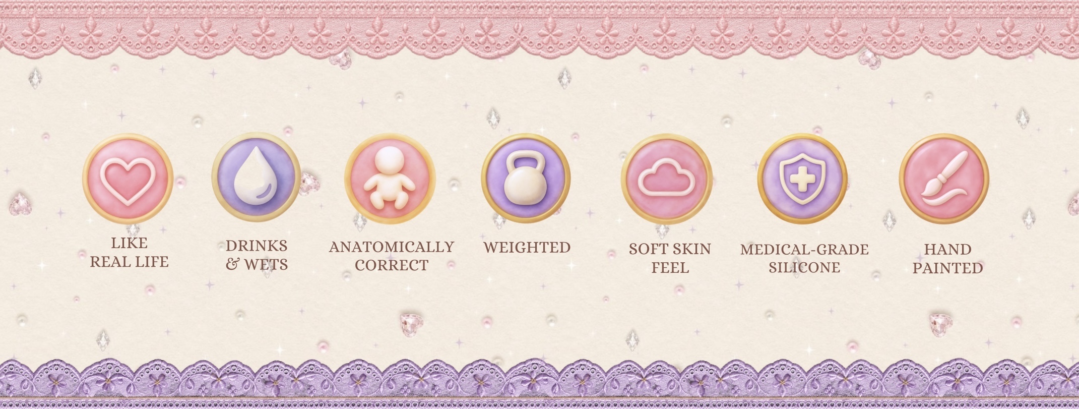 Care for Me features: like real life, drinks and wets, anatomically correct, weighted, soft skin feel, medical-grade silicone, hand painted