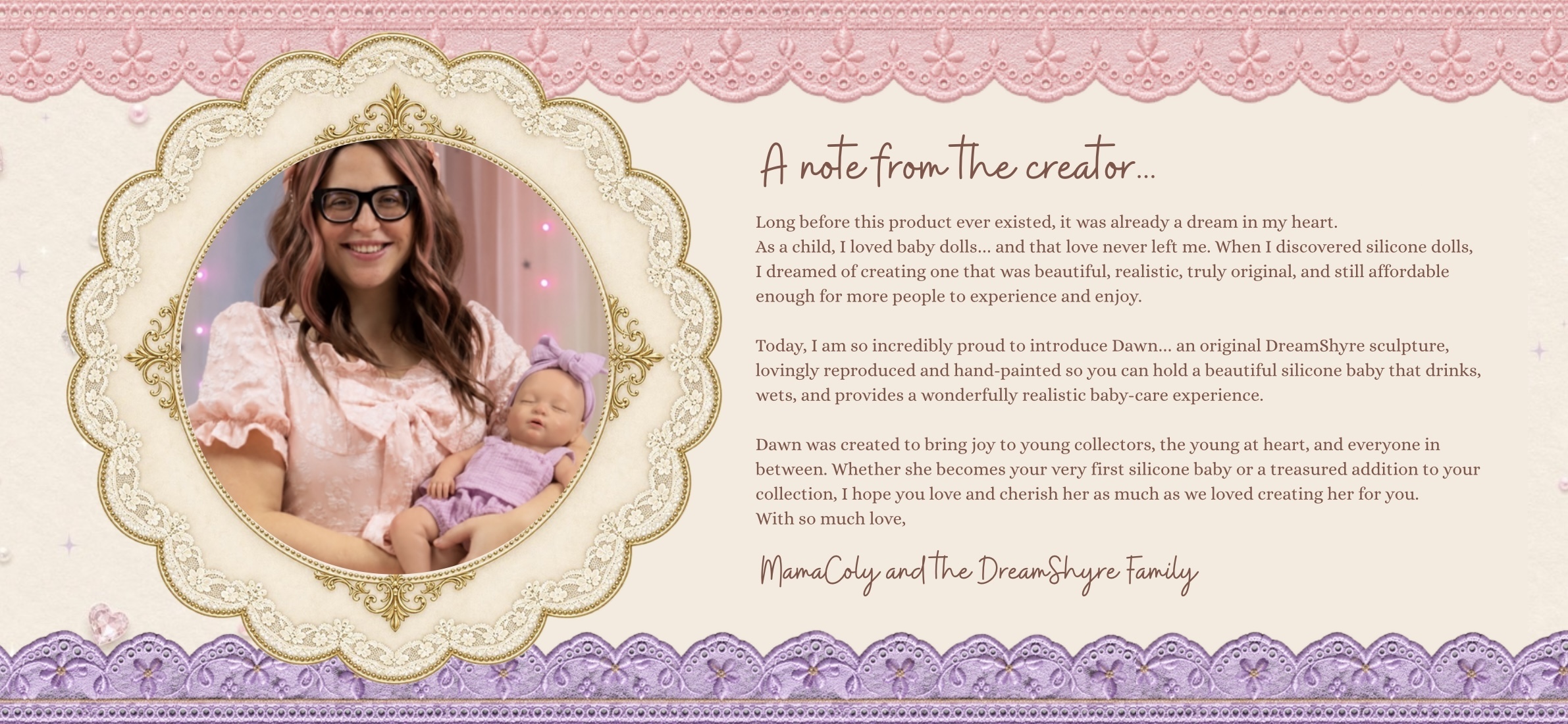 Mama Coly holding Dawn, framed in lace, beside her handwritten-style note from the creator
