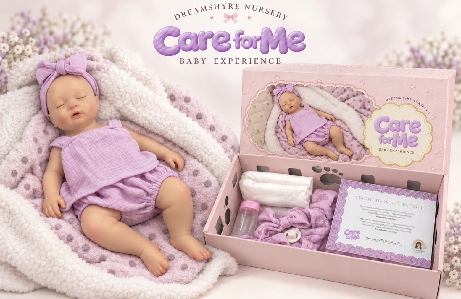 DreamShyre Nursery Care for Me Baby Experience: a sleeping baby doll in a lavender outfit beside her open gift box with bottle, pacifier, diaper and certificate of authenticity