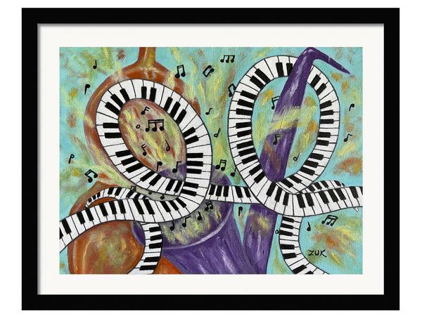 Jazz Trio Framed Art Print. Colorful art for the music lover. Sax, bass, floating notes and keyboard