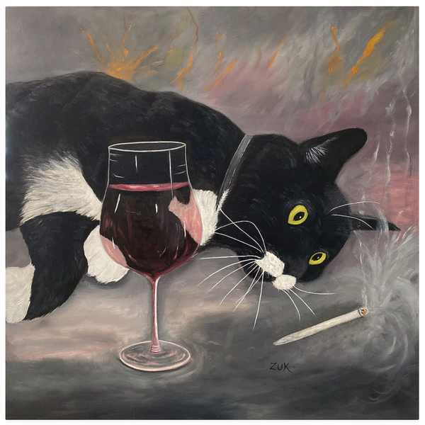 Cat, Wine and Weed Art Print. Whimsical Tuxedo Cat. Black and White Cat art. Tuxedo Cat Watching Smoking Joint. A unique cat lover gift.