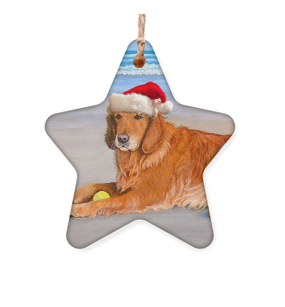 Golden Retriever with Santa Hat at beach Hanging Tree Ornament. 
