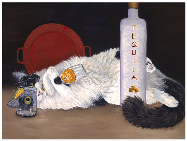 Long Haired Tuxedo Cat Art Print. Tequila and Tonic Bottles. Red Platter. Whimsical cat art. Unique Tuxedo Cat Lover's Gift.