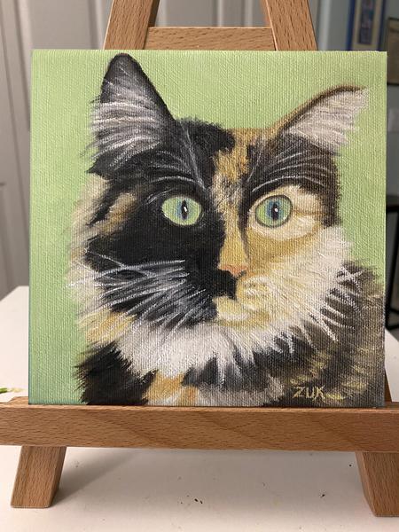 Tortoiseshell Cat Face Oil Painting. 
